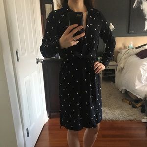 Ann Taylor zip front dark blue polka dot tie dress